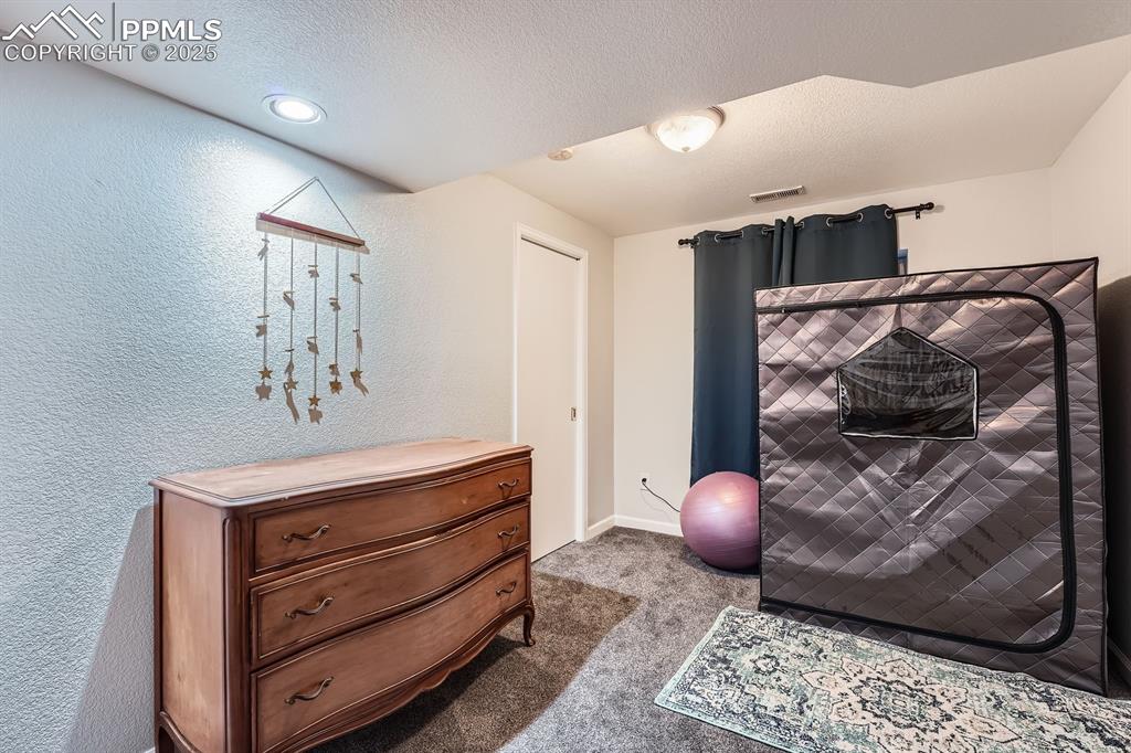Image 22 of 28: Carpeted bedroom with a textured wall
