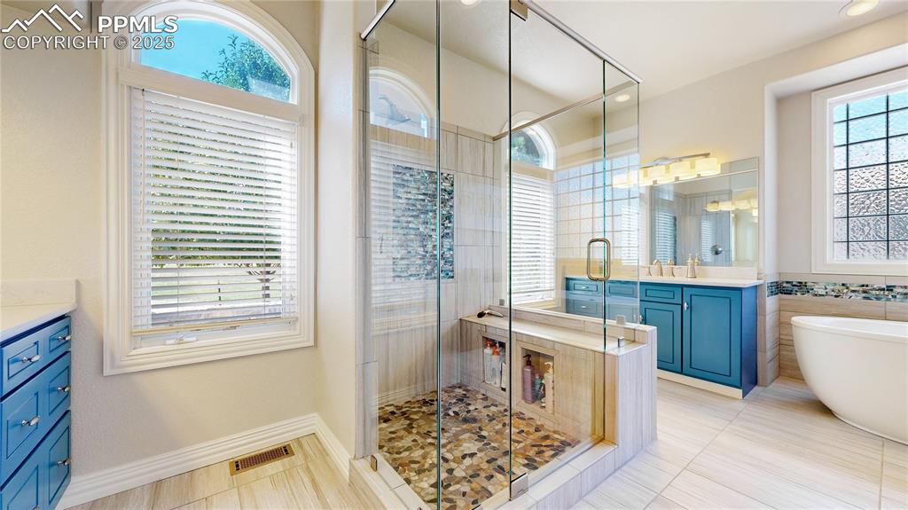 Image 18 of 46: Full bathroom featuring vanity, a shower stall, a freestanding bath, light 