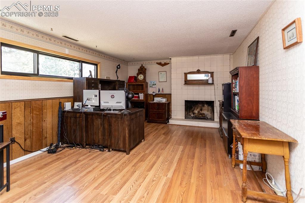 Image 45 of 50: Additional bedroom or office or hobby room on lower level with fireplace.