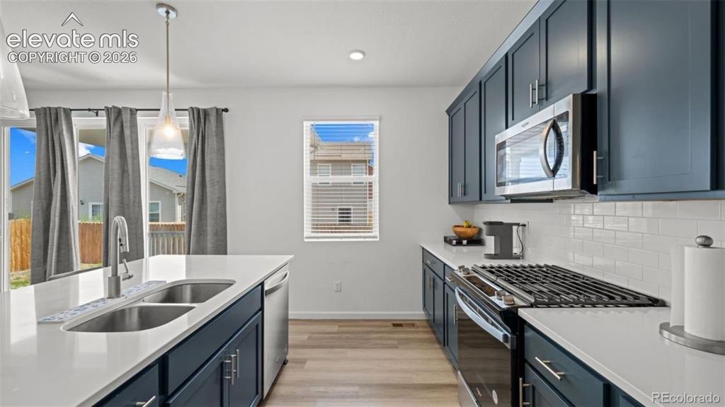 Image 11 of 38: Modern kitchen featuring dark cabinetry, stainless steel appliances, a subw