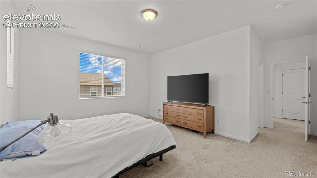 Image 22 of 38: Wall-to-wall carpeting with light-toned walls, featuring a window with hori