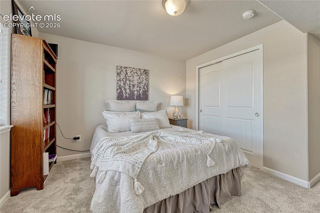 Image 27 of 47: The basement bedroom offers privacy and comfort with plush carpeting, neutr