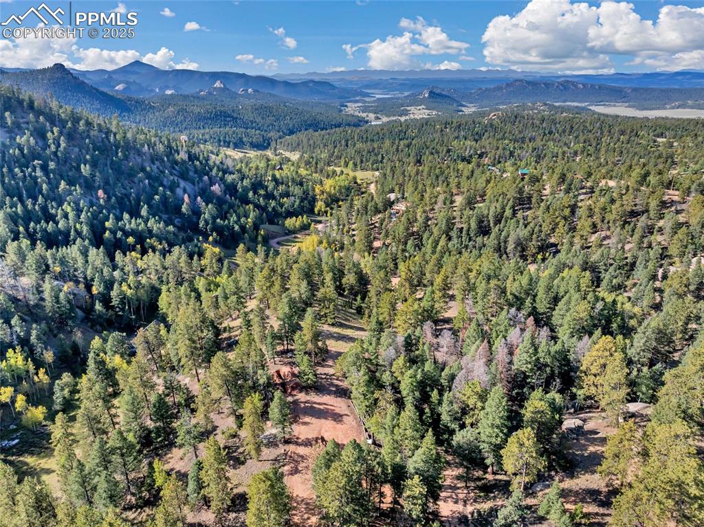 Image 14 of 14: Drone / aerial view of a mountainous background and a forest