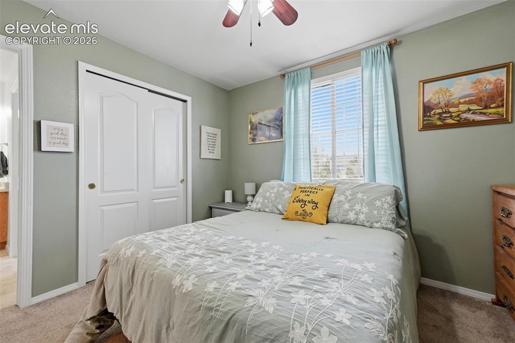 Image 28 of 35: Window with blinds, wall-to-wall carpeting, bi-fold closet doors, and a cei
