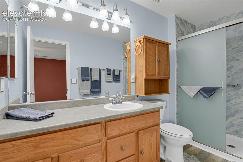 Image 25 of 31: Spacious primary bedroom featuring gray carpeting, light gray walls with a