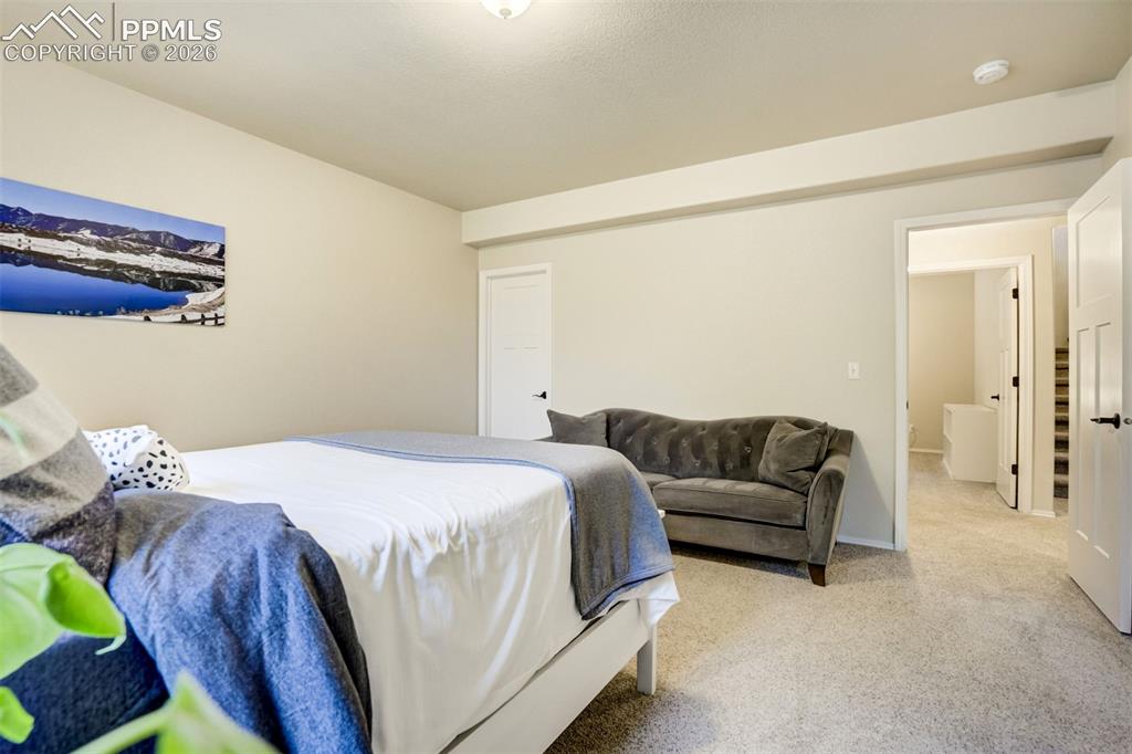 Image 42 of 48: Basement bedroom 1 Neutral wall tones with plush carpet flooring