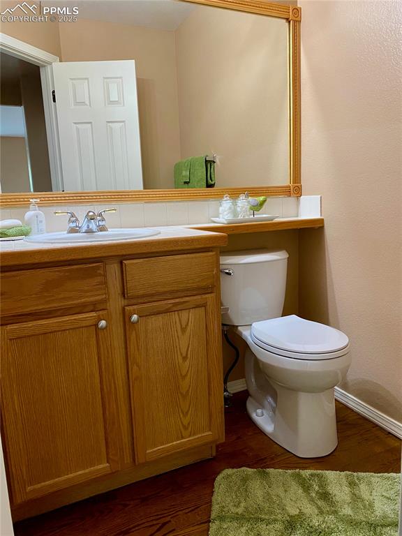 Image 46 of 50: Bathroom with dark wood-style floors, vanity, and a textured wall