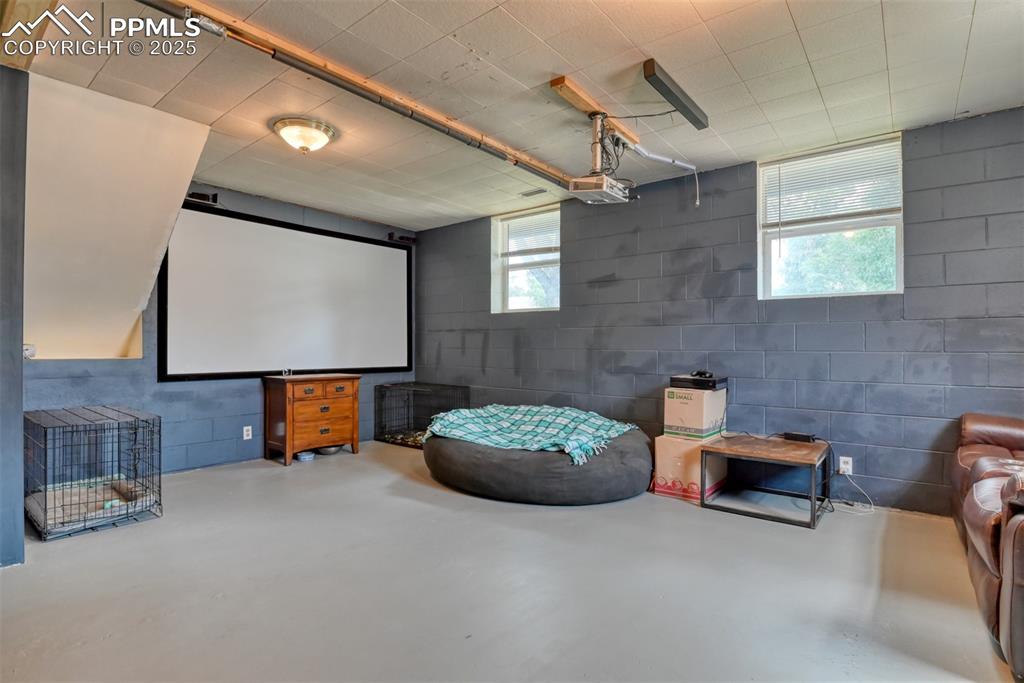 Image 18 of 37: Home theater room with concrete block wall and finished concrete flooring