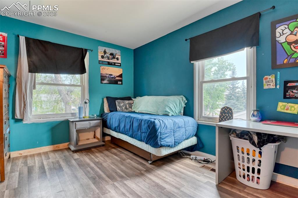 Image 34 of 37: Bedroom with multiple windows and wood finished floors
