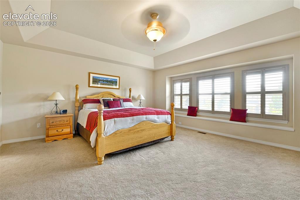 Image 22 of 46: Primary Bedroom with tray ceiling and window seat...