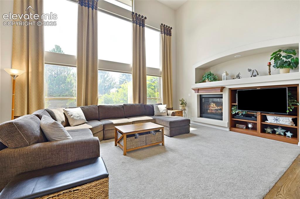 Image 9 of 46: The Vaulted Family Room with floor to ceiling windows and Entertainment nic