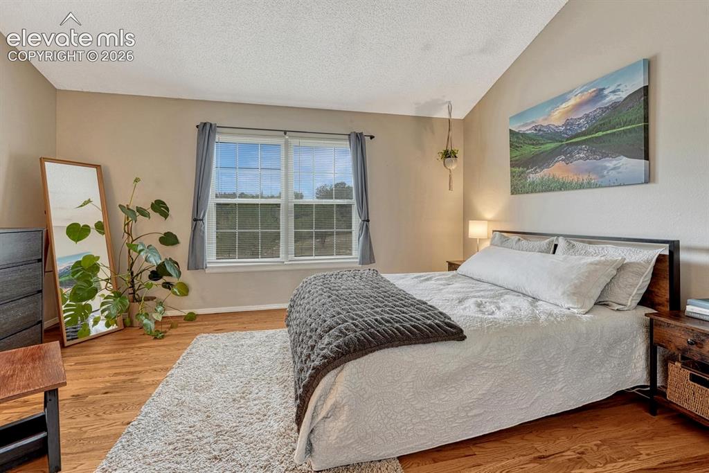 Image 22 of 50: Primary bedroom features harwood floor, vaulted ceiling, and attached bathr