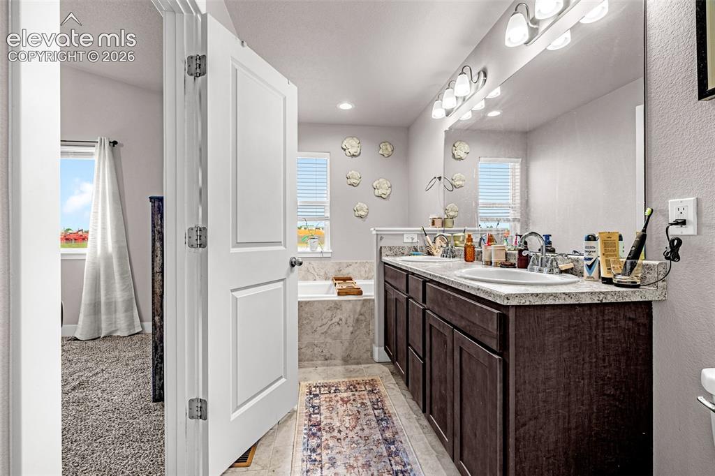 Image 22 of 37: Spacious bathroom featuring a double vanity with ample counter space, dark