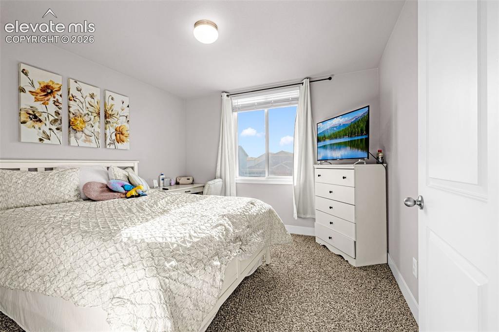 Image 30 of 37: Carpeted bedroom with a window featuring white blinds and drapes, a flush-m