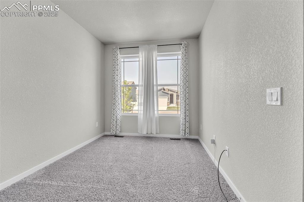 Image 16 of 50: Carpeted empty room featuring a textured wall and baseboards