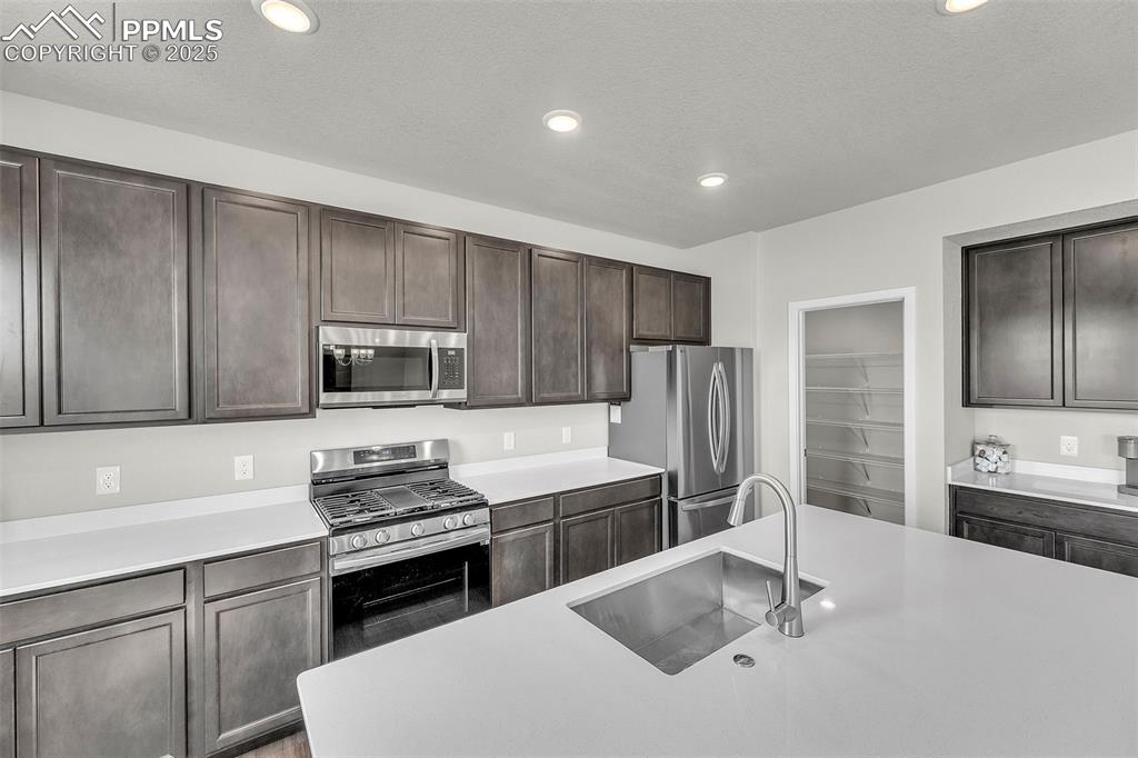 Image 5 of 50: Kitchen featuring stainless steel appliances, dark brown cabinetry, recesse