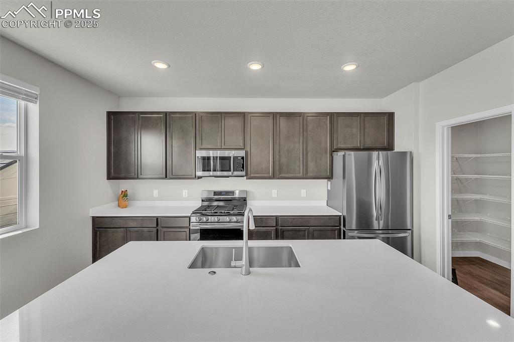 Image 8 of 50: Kitchen featuring dark brown cabinets, stainless steel appliances, recessed