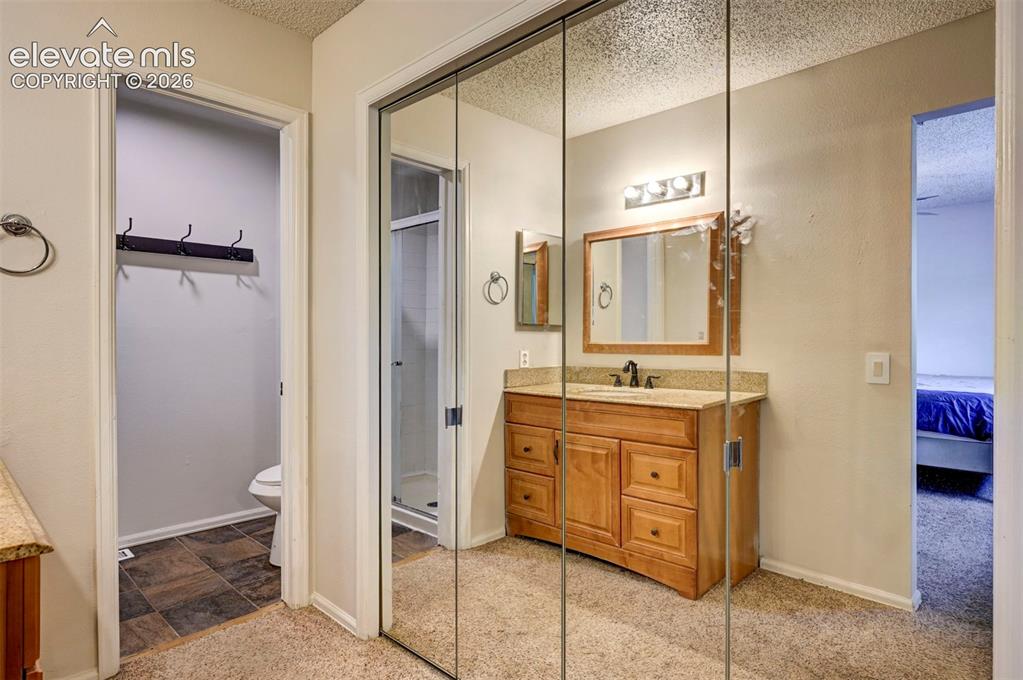 Image 30 of 49: Vanity with natural wood cabinetry and stone-finish countertop, mirrored wa