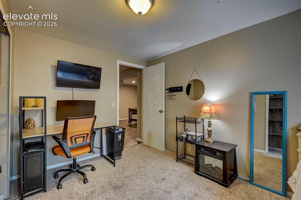 Image 40 of 49: Neutral wall paint, ceiling-mounted light fixture, and carpet flooring