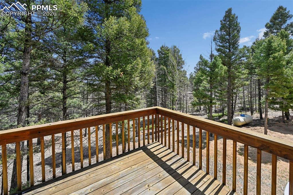 Image 23 of 25: Expansive wood deck with a natural wood railing, surrounded by mature everg