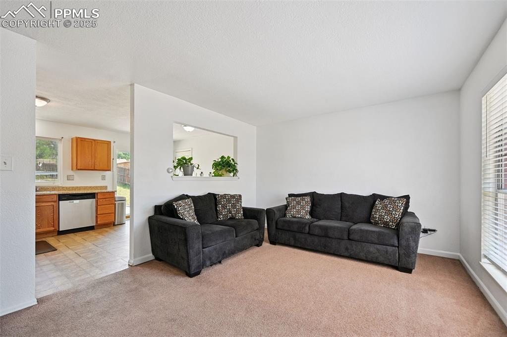 Image 3 of 19: Living room featuring healthy amount of natural light, light colored carpet