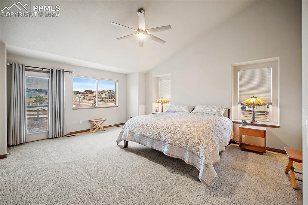 Image 13 of 49: Primary bedroom with vaulted ceilings and walkout to back yard.