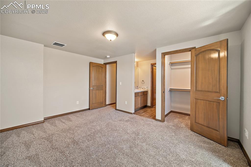 Image 33 of 49: Basement bedroom with carpet, walk in closet and attached Jack-n-Jill bath.