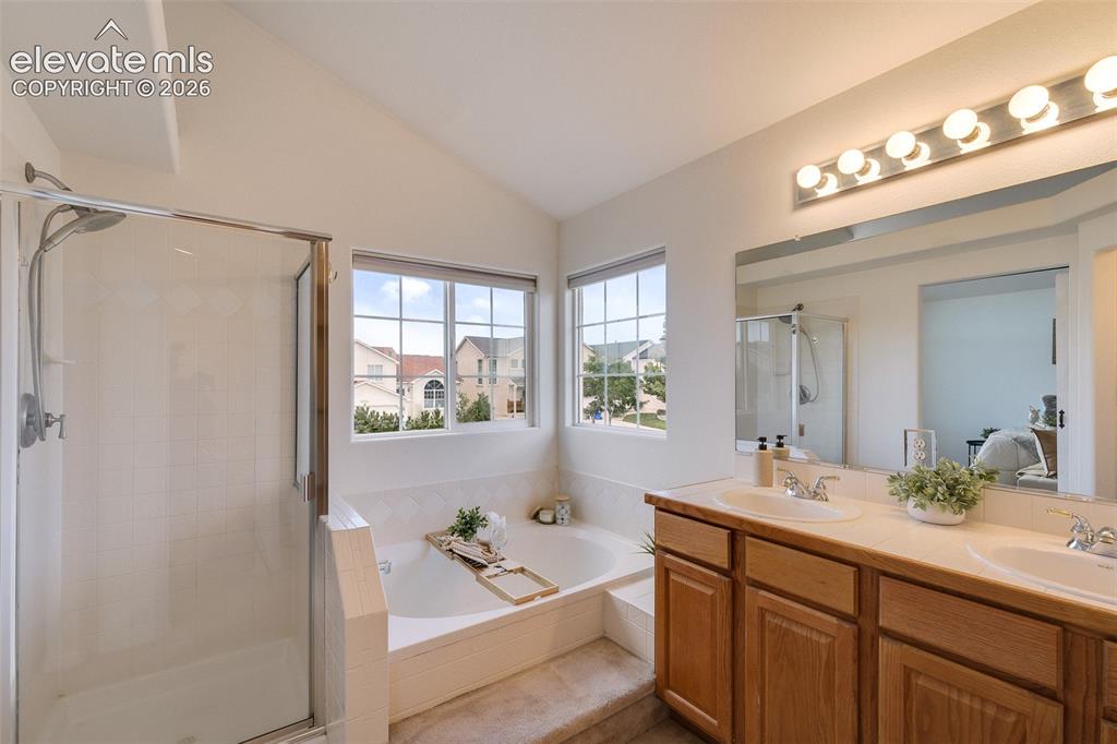 Image 22 of 47: Dual windows, vaulted ceiling, glass-enclosed shower, built-in bathtub, and