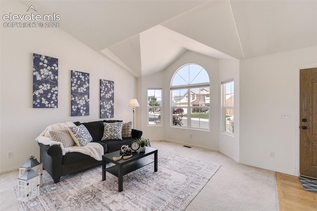 Image 5 of 47: Vaulted ceilings, large arched window, multiple windows, light wood-finish 