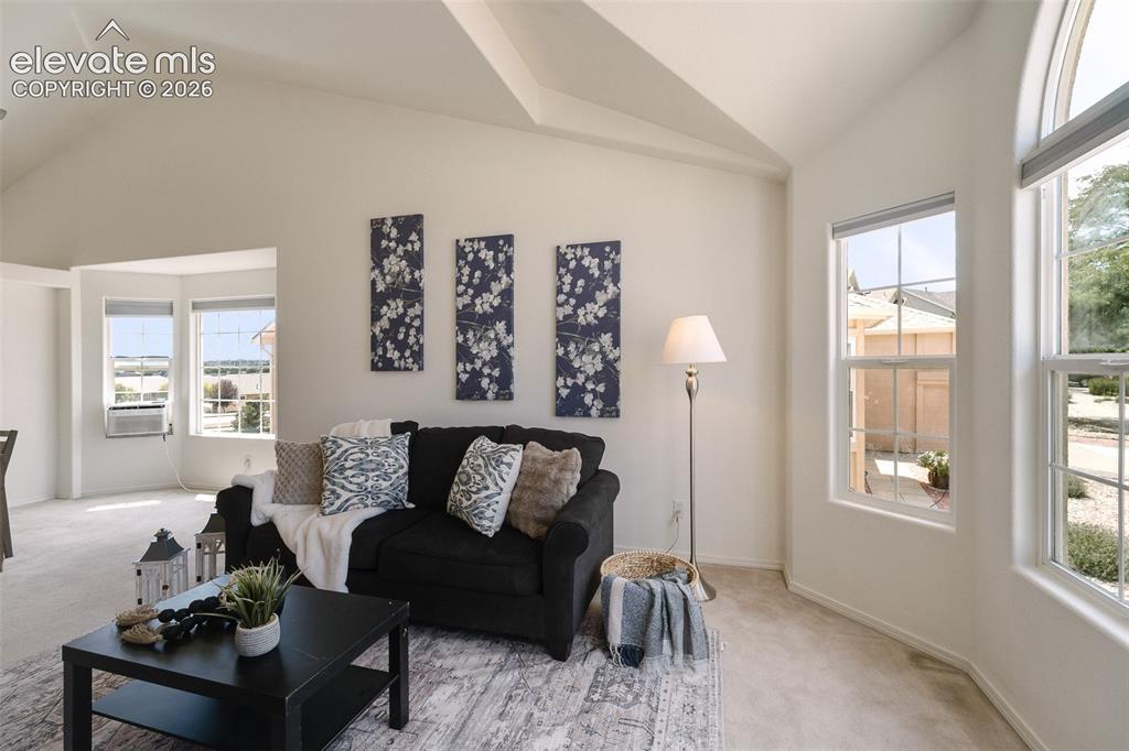 Image 6 of 47: Vaulted ceilings with architectural detail, multiple large windows, and a c