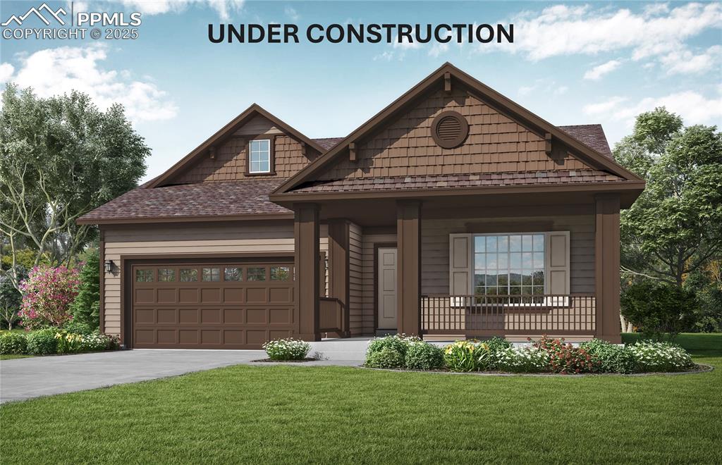Caption: Craftsman-style home featuring concrete driveway, a front lawn, an attached garage, and a porch