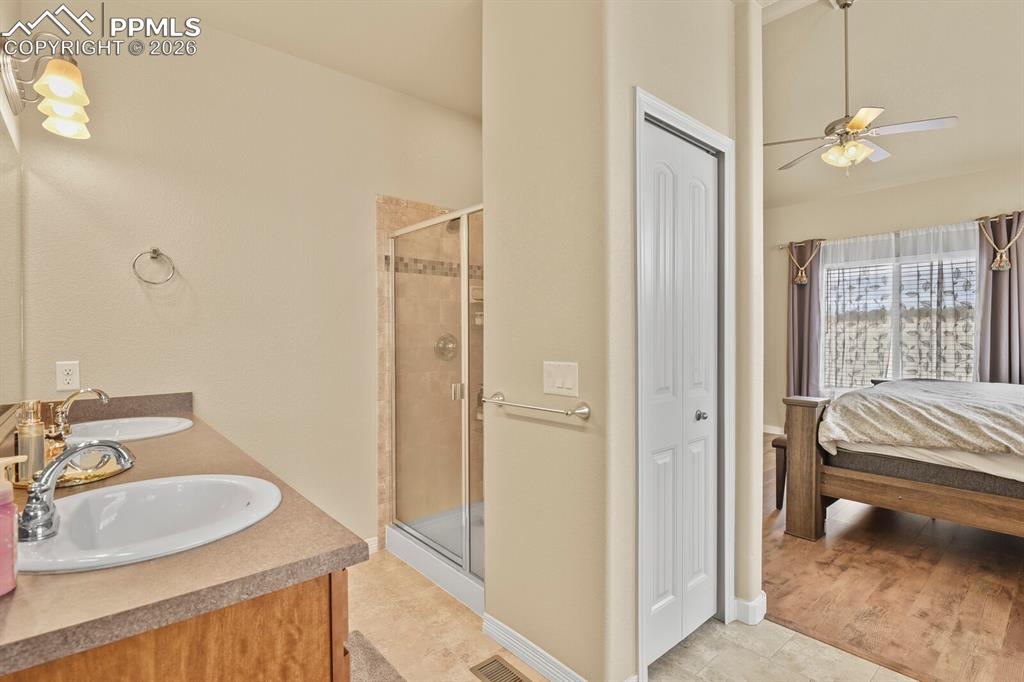Image 20 of 45: Main level bedroom attached bathroom, double vanity and stand in shower
