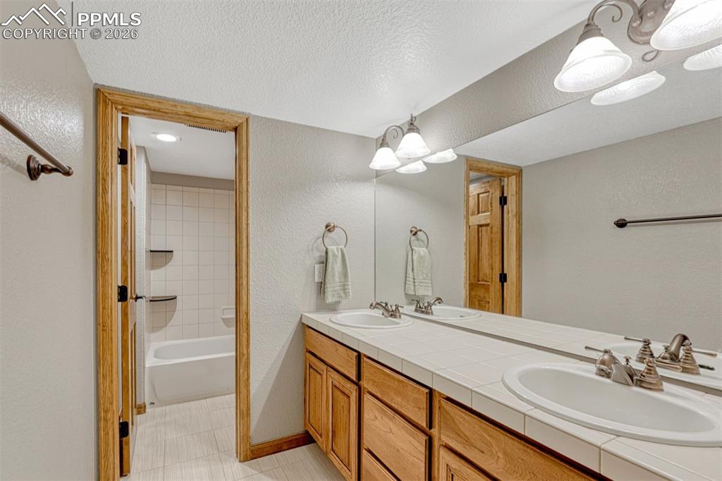 Image 31 of 45: Basement full Bathroom with double vanity and bathing tub / shower combinat