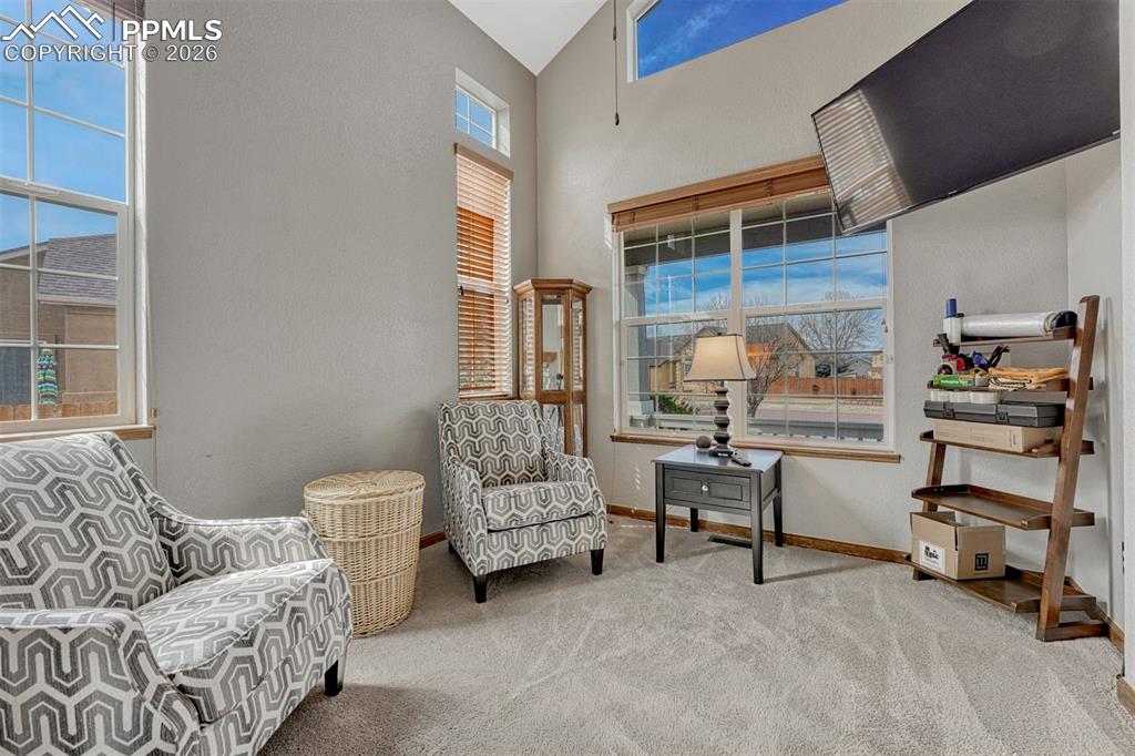 Image 5 of 45: Sitting room featuring light carpet and a high ceiling