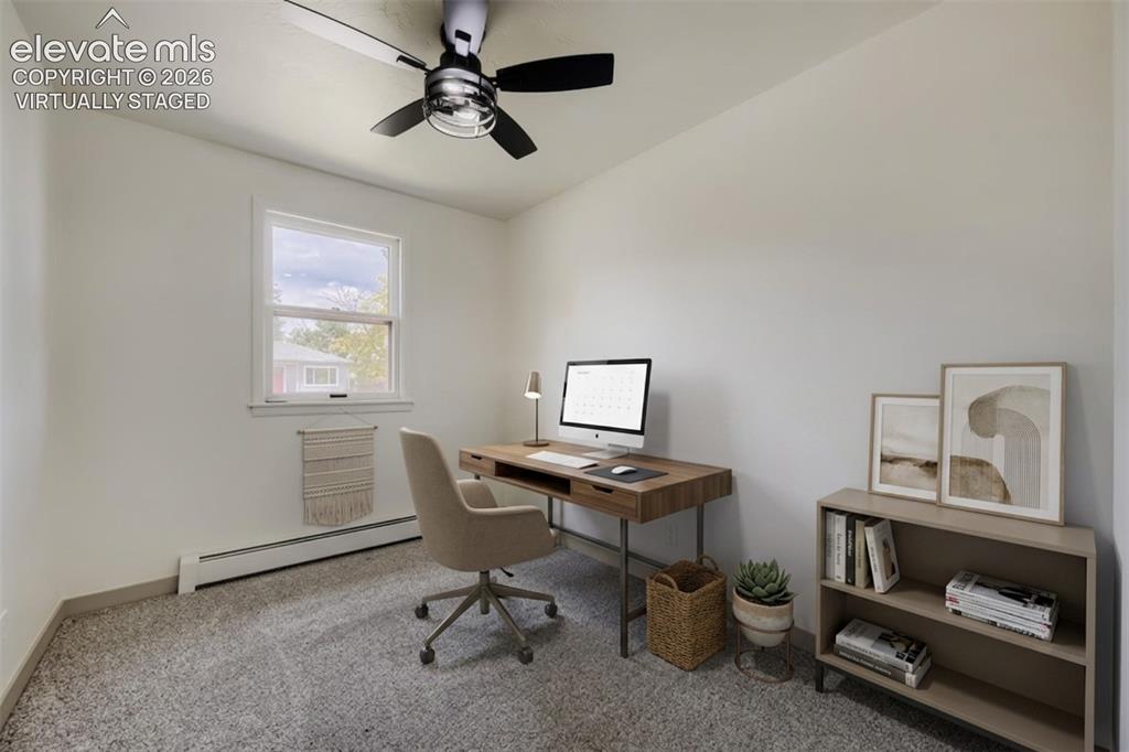 Image 18 of 41: Neutral wall paint, ceiling fan with integrated lighting, single hung windo