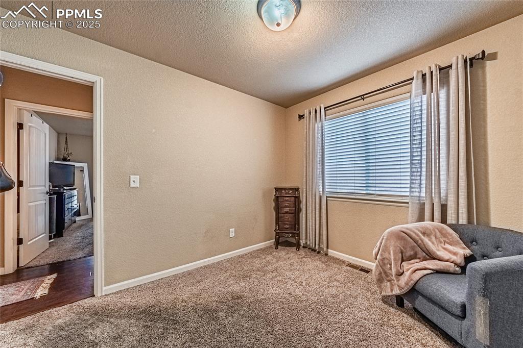 Image 18 of 36: Bedroom featuring a textured wall, carpet floors, and a textured ceiling