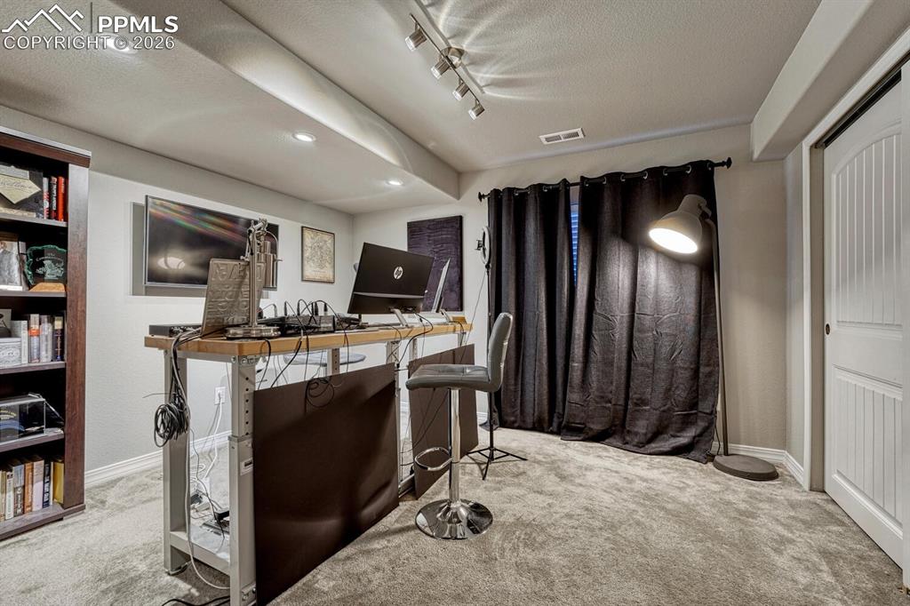 Image 43 of 50: Basement Bedroom #4 has neutral carpet, track lighting, and a generous clos