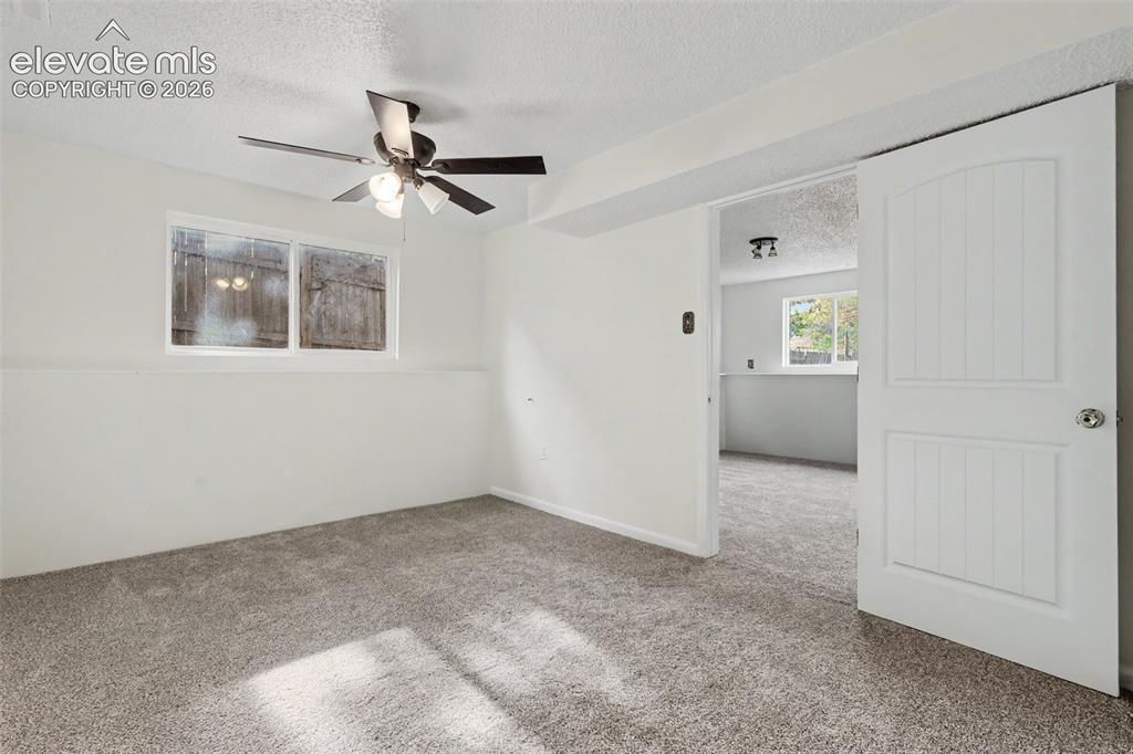 Image 14 of 32: Lower level primary bedroom with attached ¾ bathroom and new carpet.