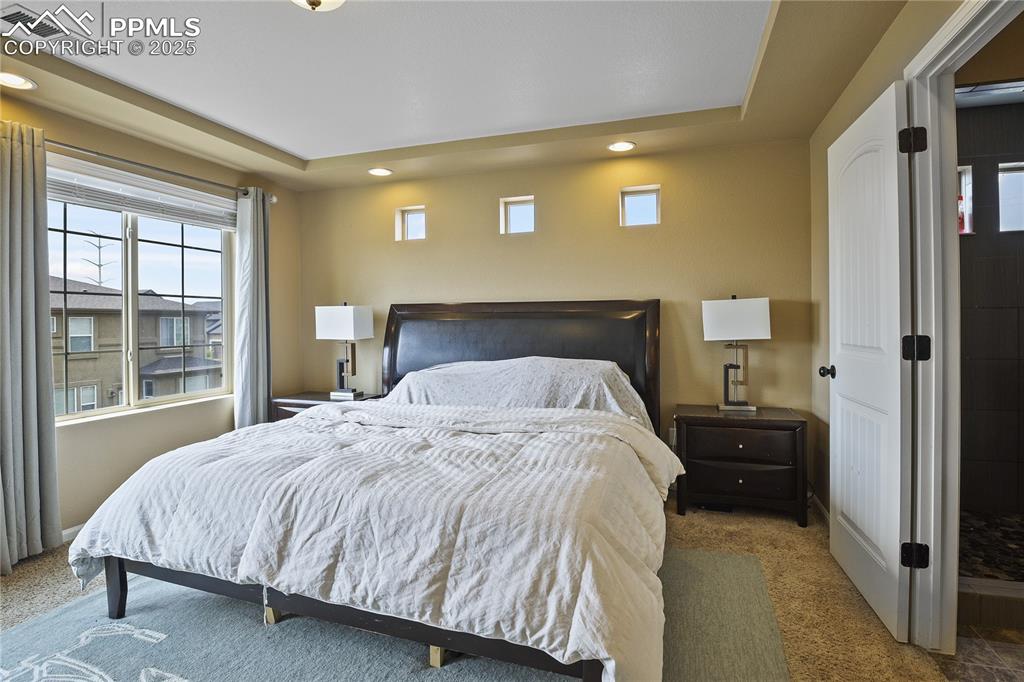 Image 18 of 38: Bedroom featuring carpet flooring and a tray ceiling