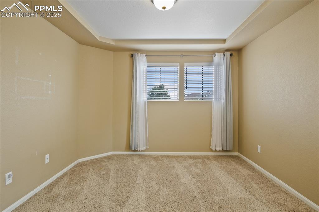 Image 26 of 38: Carpeted spare room with a raised ceiling