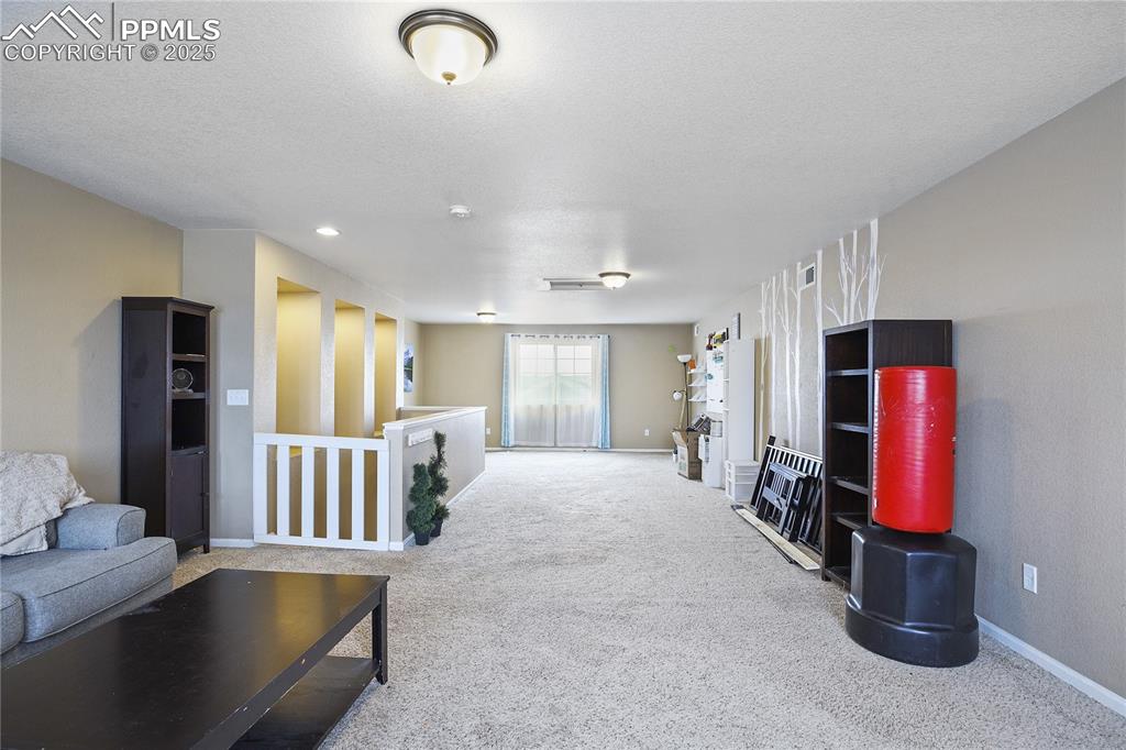 Image 37 of 38: Living room with carpet floors and a textured ceiling