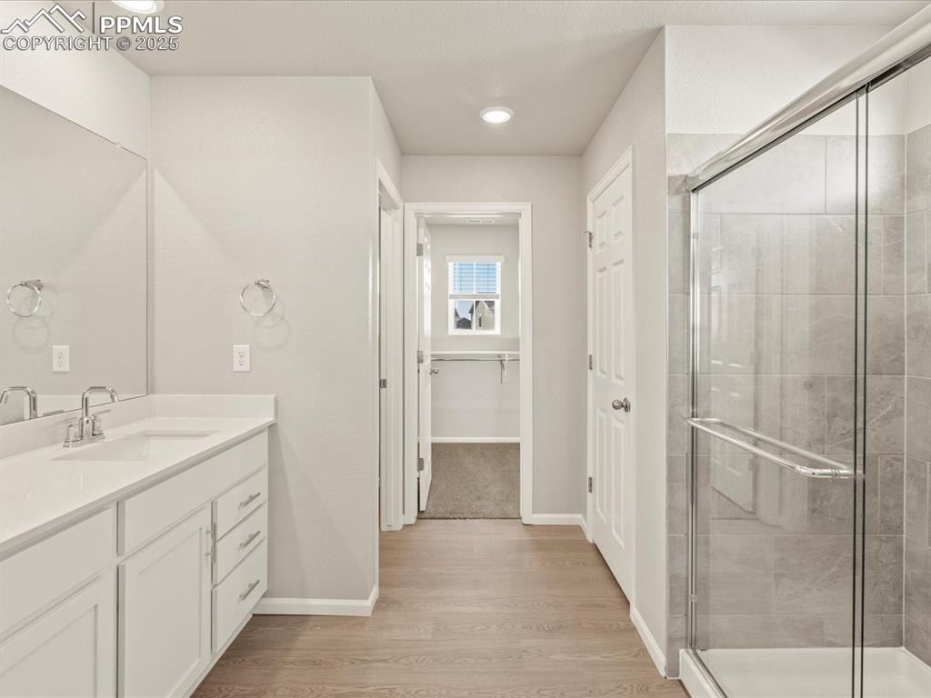 Image 22 of 26: Bathroom with a shower stall, vanity, light wood finished floors, a walk in