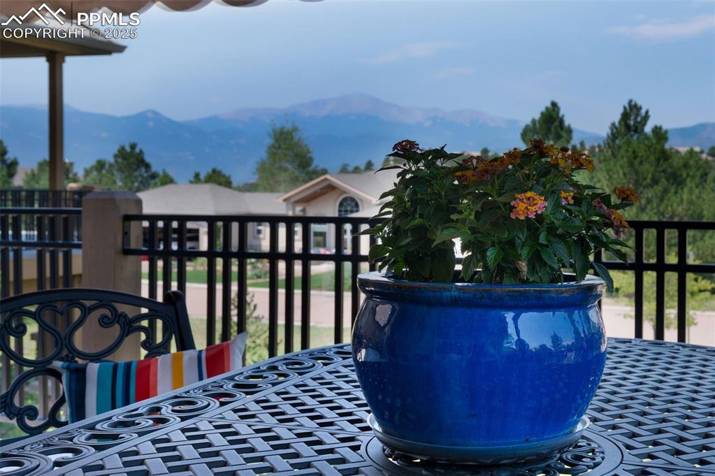 Image 29 of 41: Large composite deck with decorative metal railings and Pikes Peak view