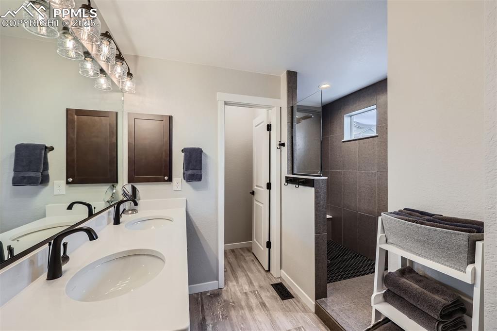 Image 20 of 46: Primary suite bathroom with spacious walk-in closet, spa shower and double