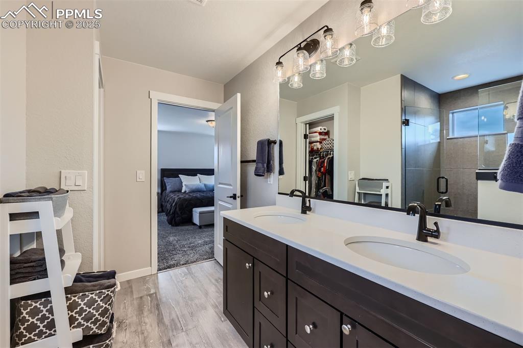 Image 21 of 46: Primary suite bathroom with spacious walk-in closet, spa shower and double