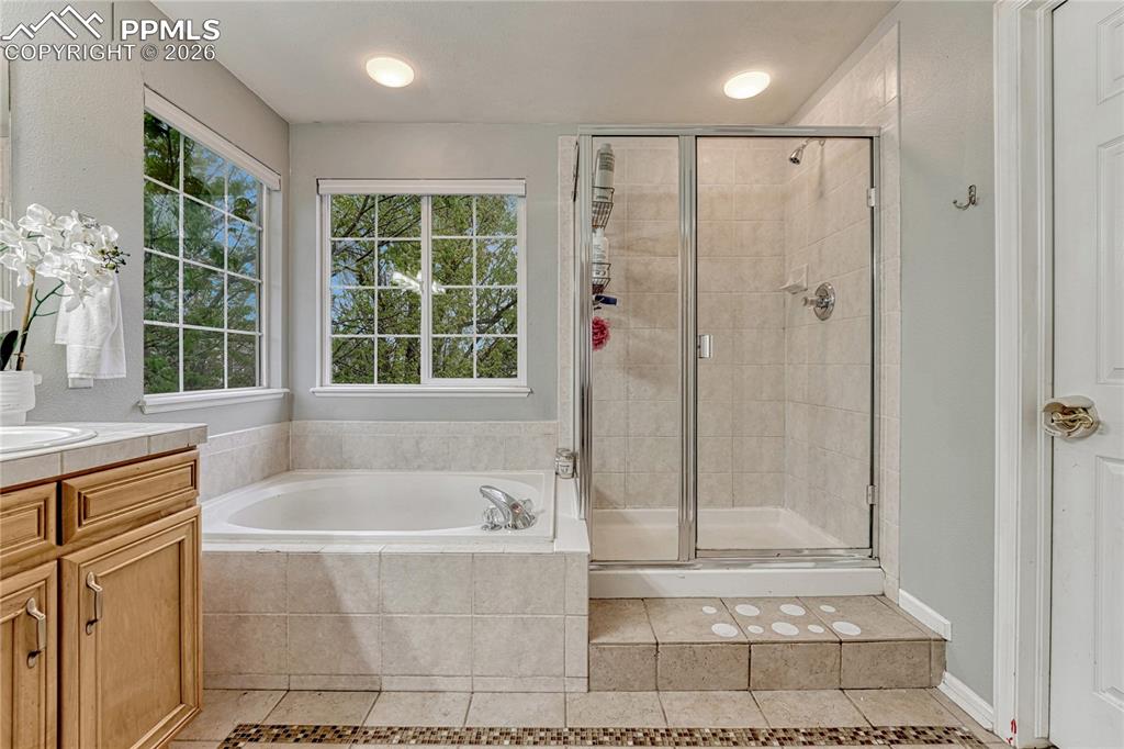 Image 29 of 48: Soaking tub and tile shower.