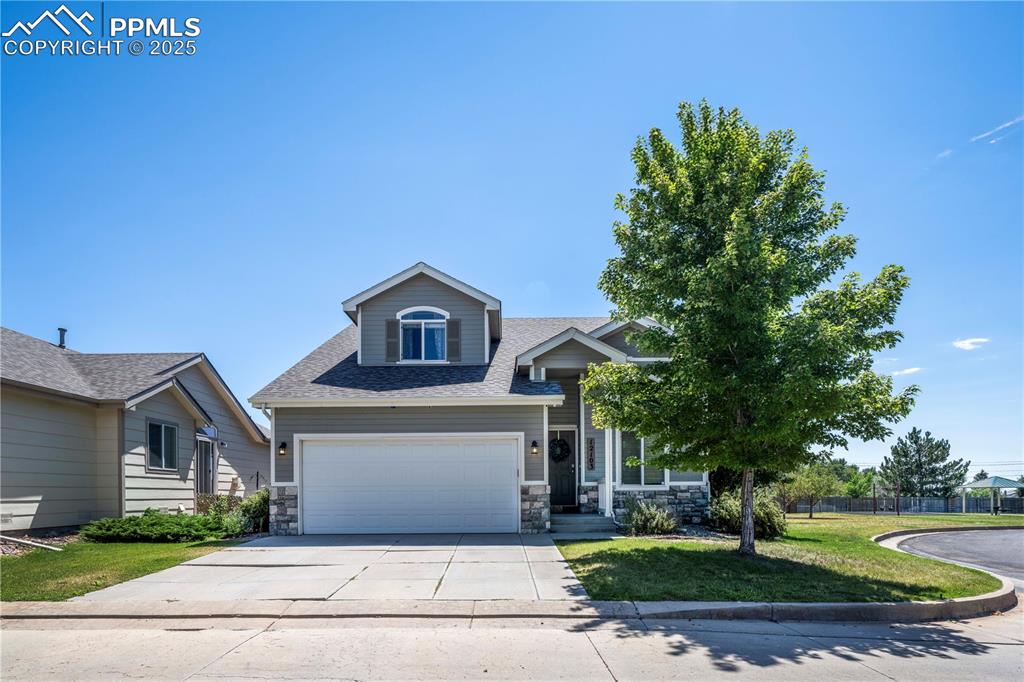 Caption: View of front of property with concrete driveway, stone siding, a shingled roof, and a front yard