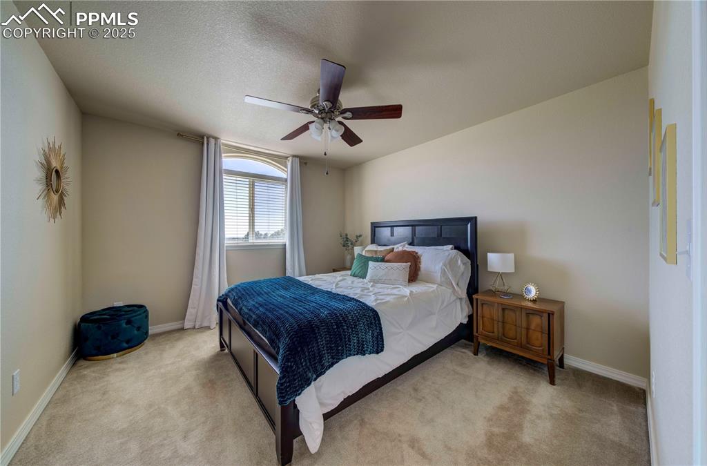 Image 33 of 49: Bedroom featuring carpet floors, a ceiling fan, and a textured ceiling