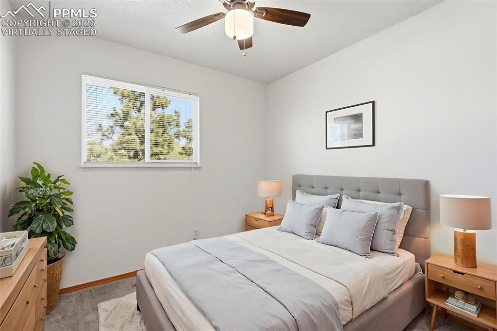 Image 19 of 50: Virtually Staged, Carpet, Wood Doors And Closets, Ceiling Fan