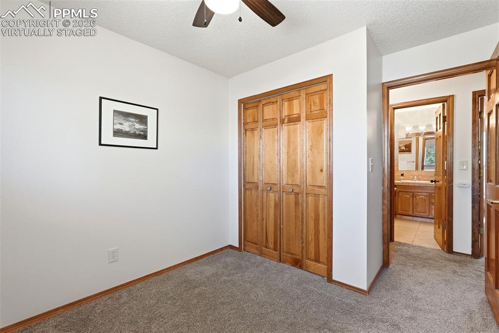 Image 21 of 50: Virtually Staged, Carpet, Wood Doors And Closets, Ceiling Fan